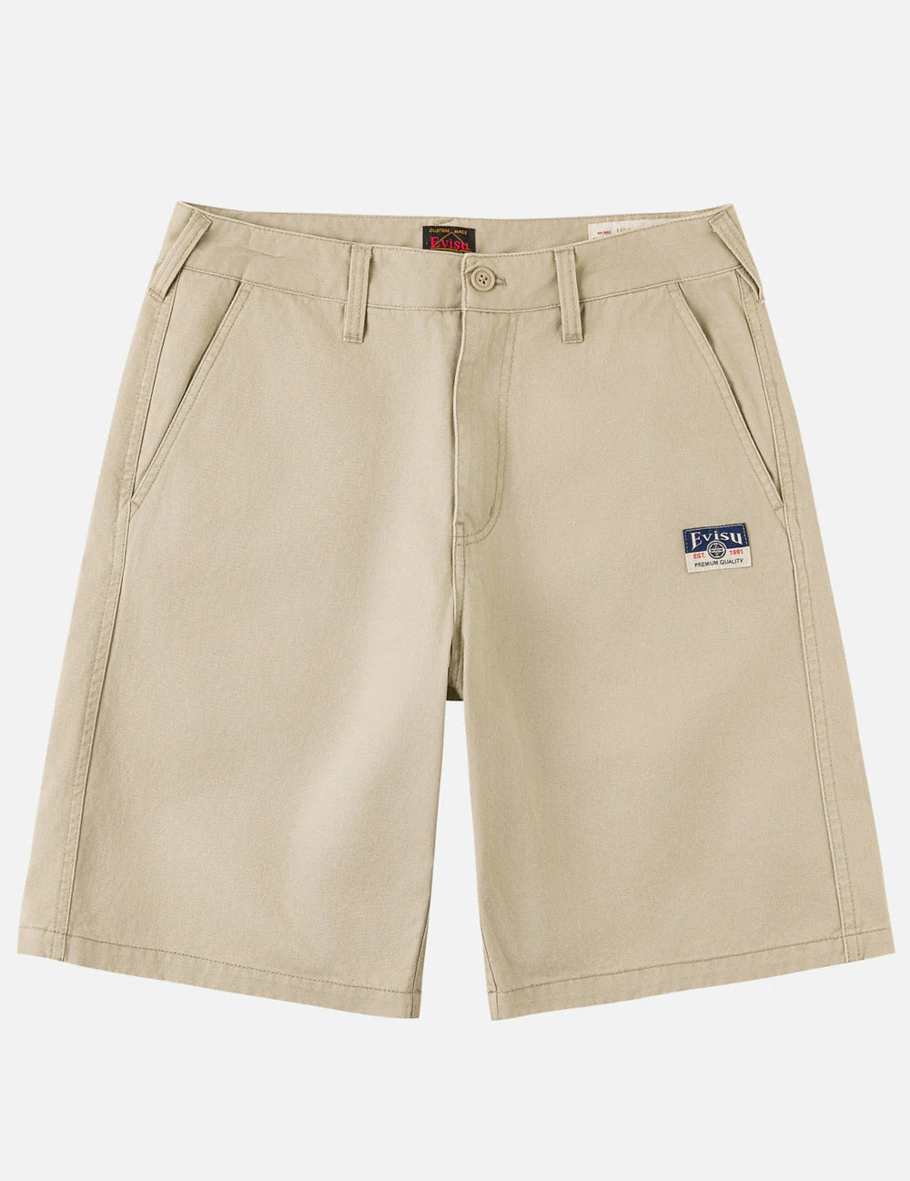 EVISU beige woven shorts med seagull print, afslappet stil, med lommer og justerbar talje, perfekt til sommerbrug.