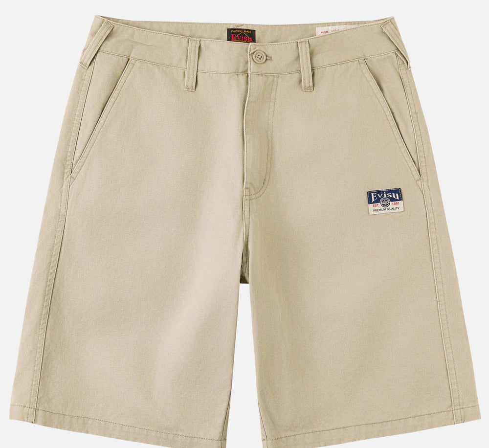 EVISU beige woven shorts med seagull print, afslappet stil, med lommer og justerbar talje, perfekt til sommerbrug.