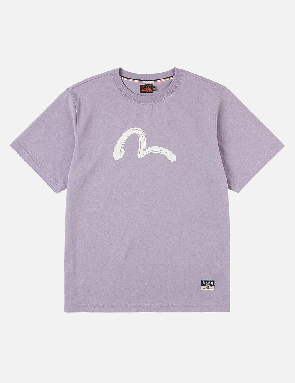 EVISU T-shirt med håndbørstet sejlskibsprint i dusty purple, afslappet herretøj med grafisk design.