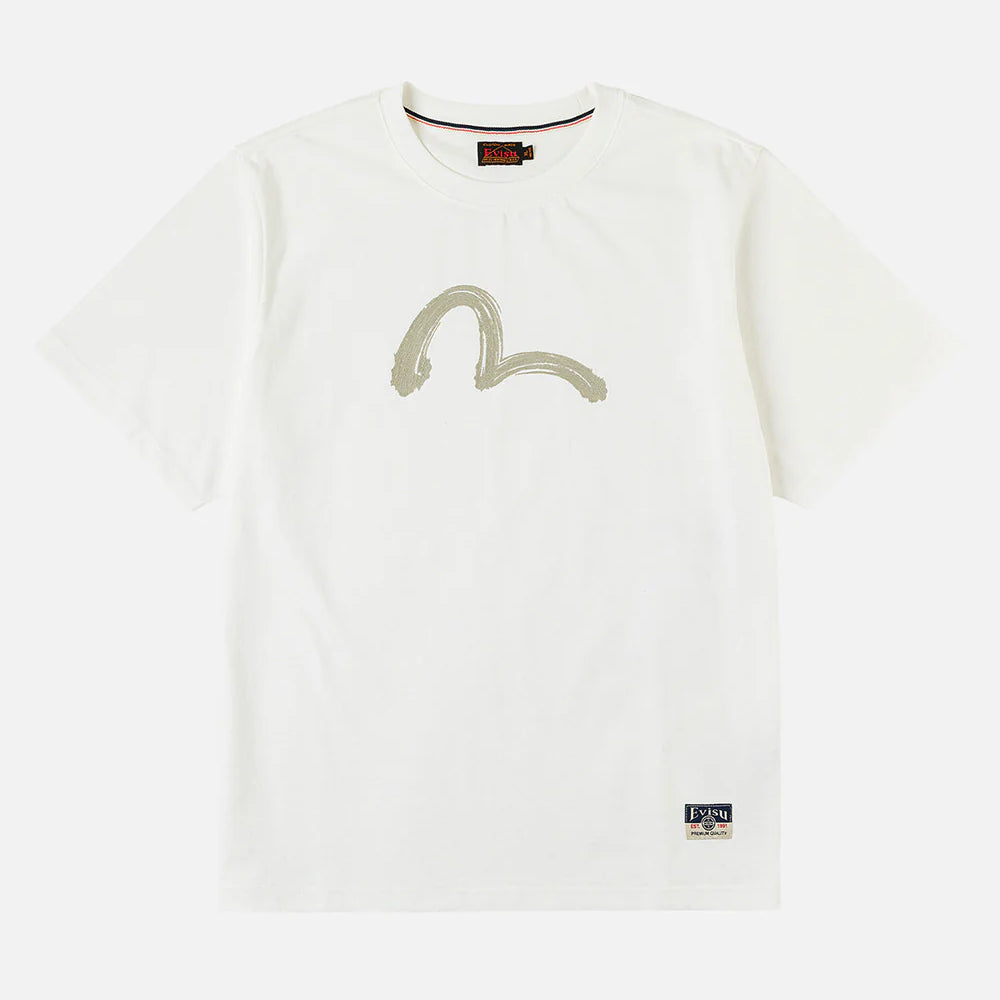 EVISU T-shirt med hvid farve og sejlende måge print, kortærmet, afslappet pasform, blødt bomuldsstof.