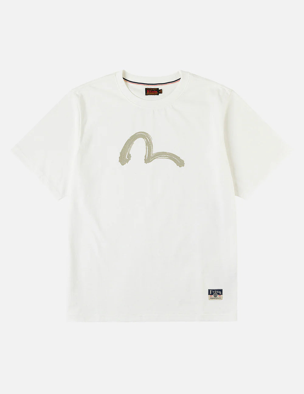 EVISU T-shirt med hvid farve og sejlende måge print, kortærmet, afslappet pasform, blødt bomuldsstof.
