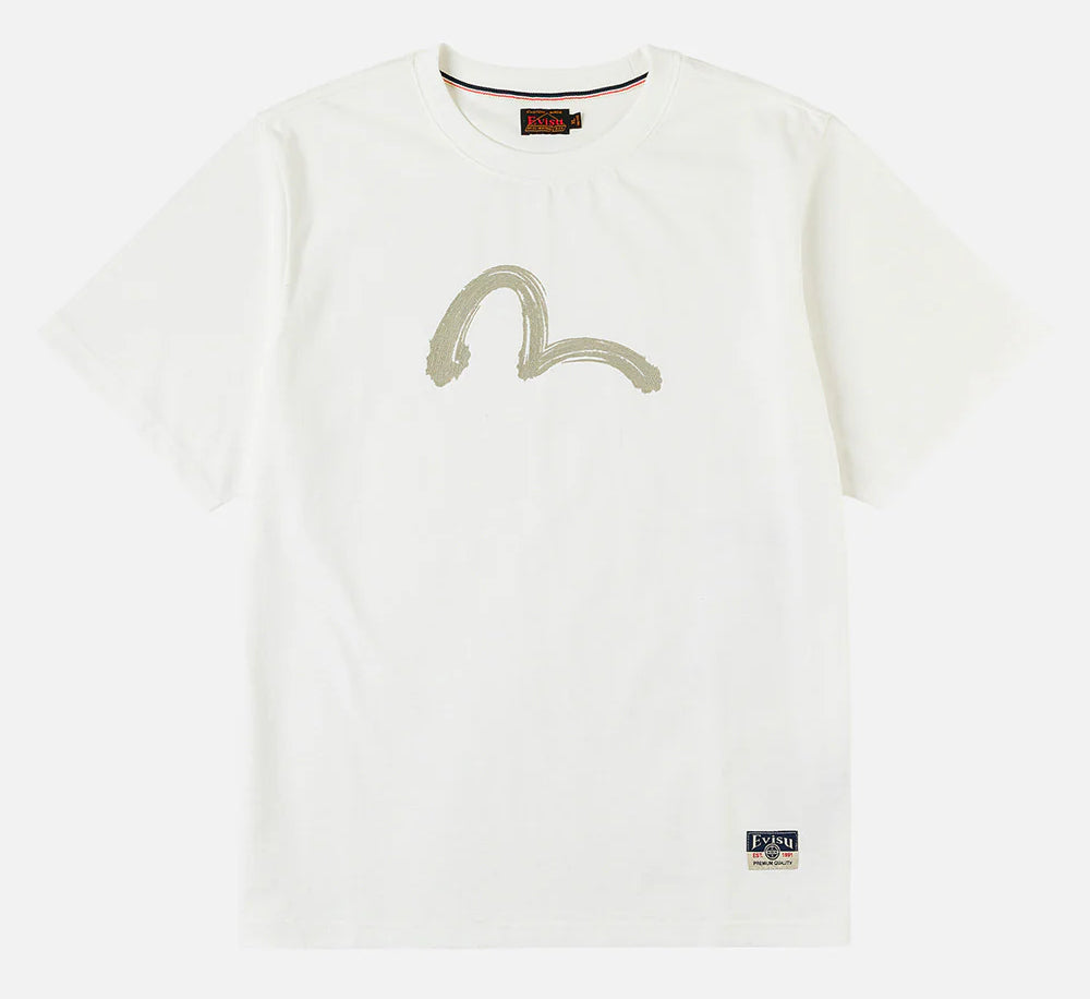 EVISU T-shirt med hvid farve og sejlende måge print, kortærmet, afslappet pasform, blødt bomuldsstof.