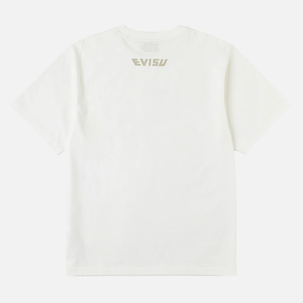 EVISU T-shirt med håndbørstet seagull-udskrift i off-white, kortærmet bomuldsklædning, afslappet stil.