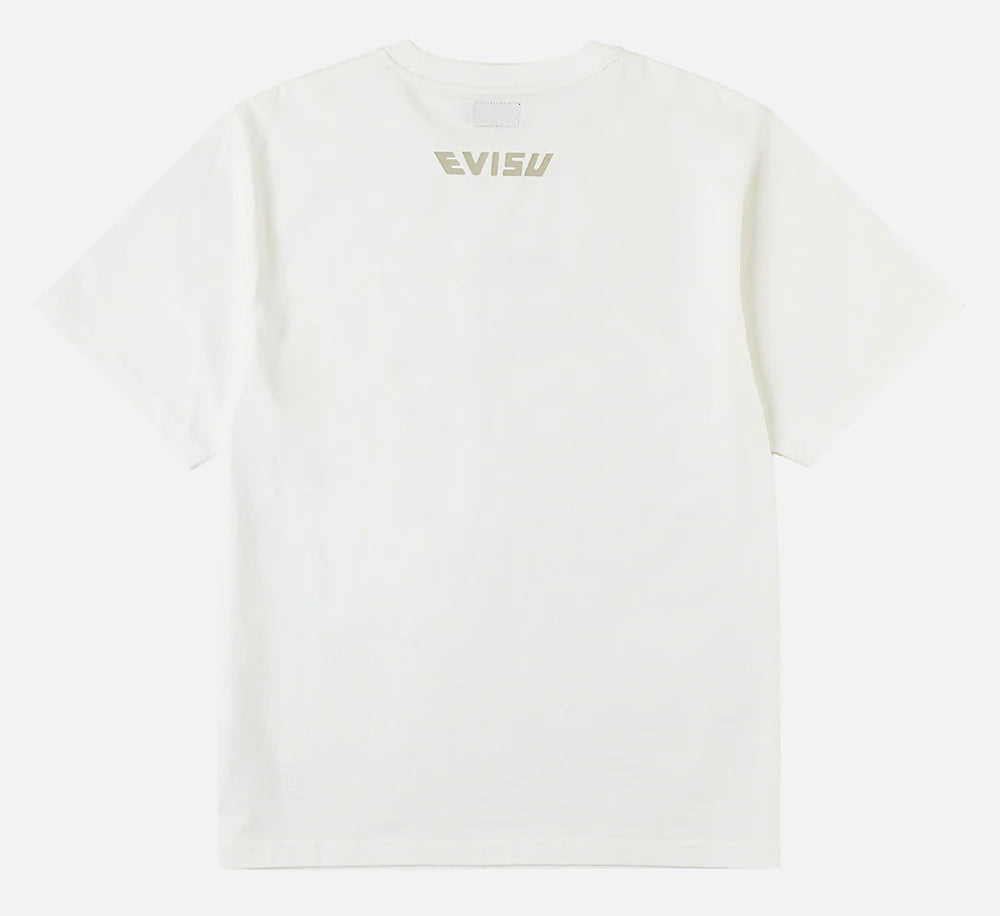 EVISU T-shirt med håndbørstet seagull-udskrift i off-white, kortærmet bomuldsklædning, afslappet stil.