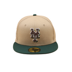 New Era New York Mets Cooperstown 59Fifty cap i kamel og mørkegrøn med 40-års jubilæum, foran vises logo og detaljer