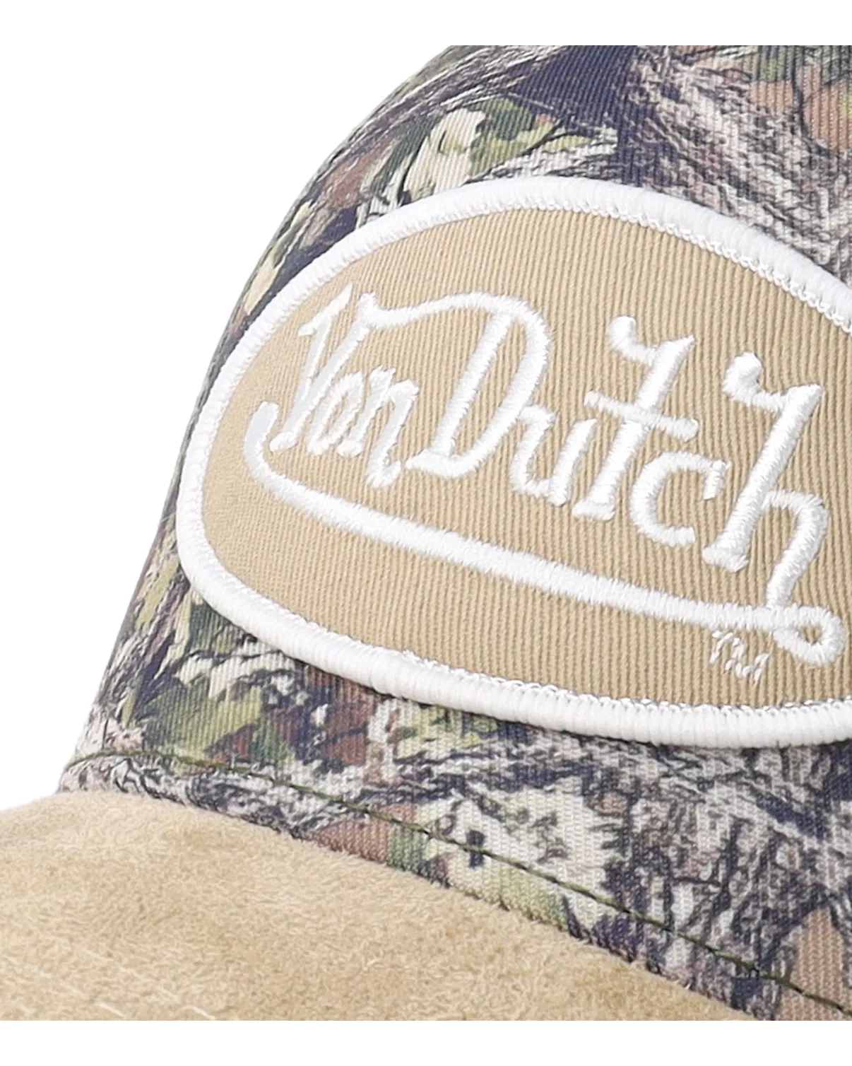 Von Dutch A-Frame kasket med beige camo-plet og oval patch, afslappet og stilfuldt tilbehør til hovedet