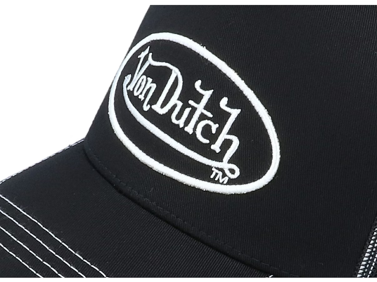 Sort Von Dutch trucker cap med oval patch og syninger, klassisk kasket til herre og dame