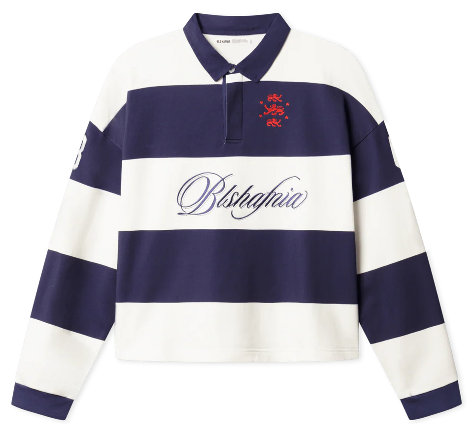 BLS Florentina Polo LS crewneck i hvid og navy med lange ærmer og klassisk design, set fra front.