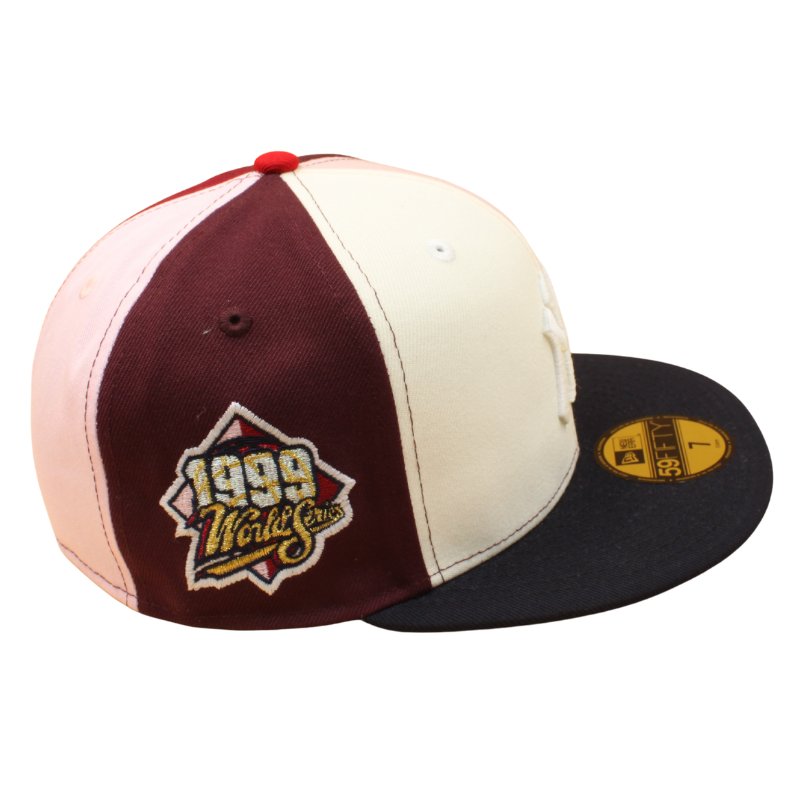 New Era 59FIFTY Yankees World Series 1999 cap i krom, maroon og pink farver med Yankees logo.