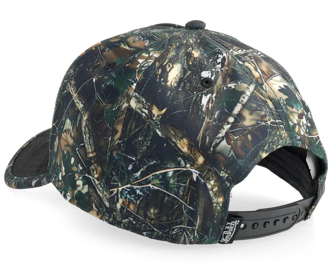 Sort Von Dutch A-Frame kasket med oval patch og kamuflermønster, afslappet hovedbeklædning til streetwear-stil