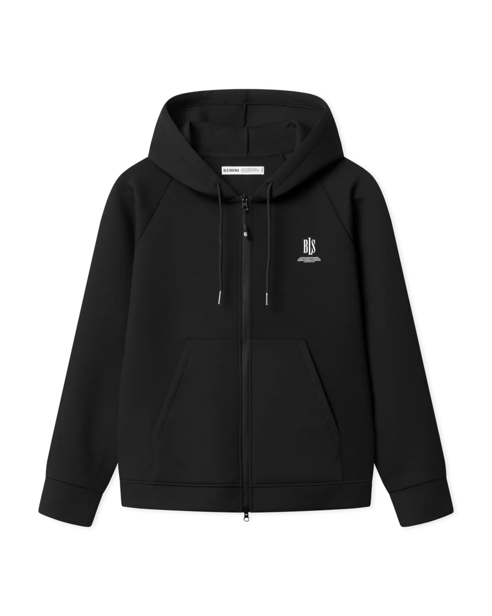 Sort BLS Edwin Zip Hoodie, casual hættetrøje med lynlås og logo foran, blødt stof, afslappet pasform.