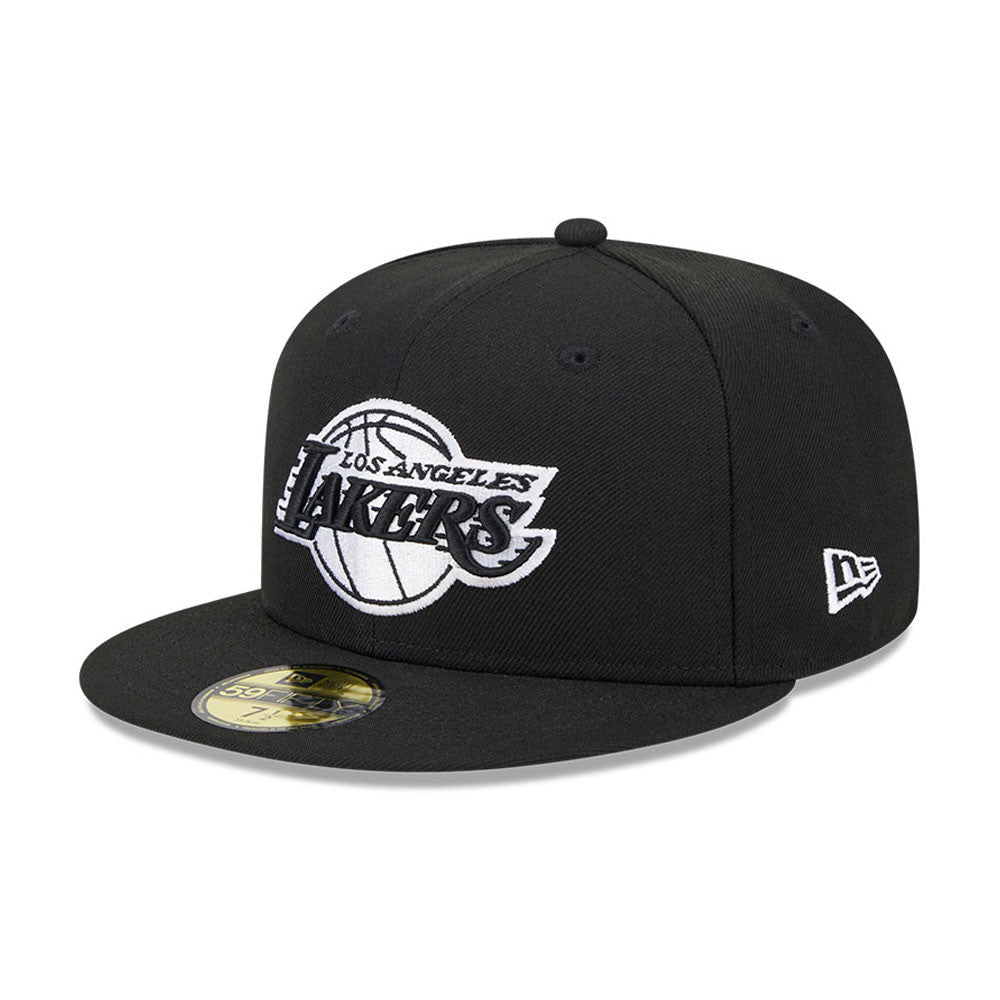 Sort New Era 59FIFTY Fitted-læderkasket med Lakers-logo og Western Conference-tryk, perfekt til fans.