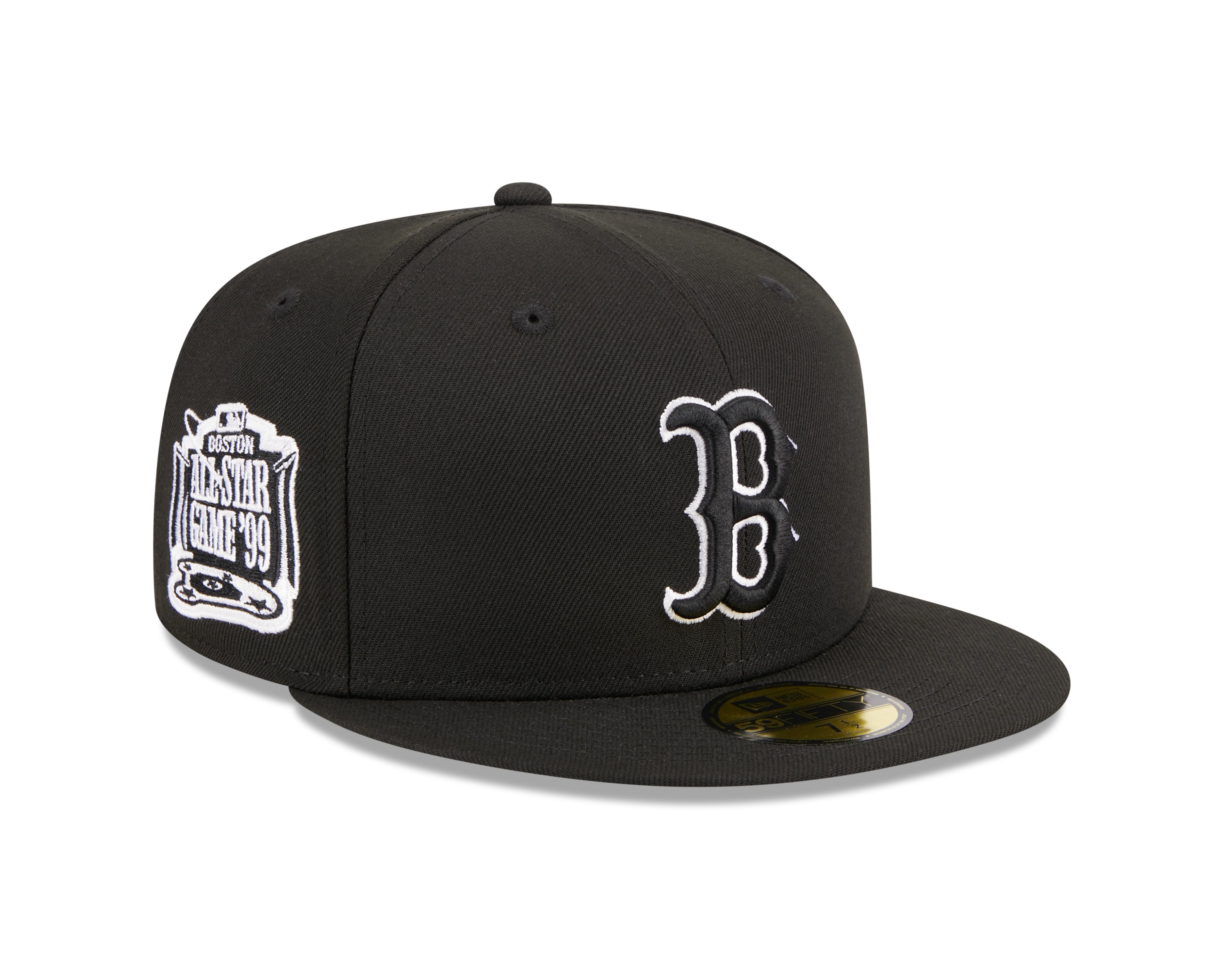 Sort New Era 59FIFTY Fitted Cap med Boston Red Sox logo og 1999 AST, flettet i sort med hvid og grøn detalje.