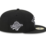 Sort New Era 59FIFTY fitted cap med Toronto Blue Jays logo og WS 1993 på siden, detaljeret visning af sideprofil.