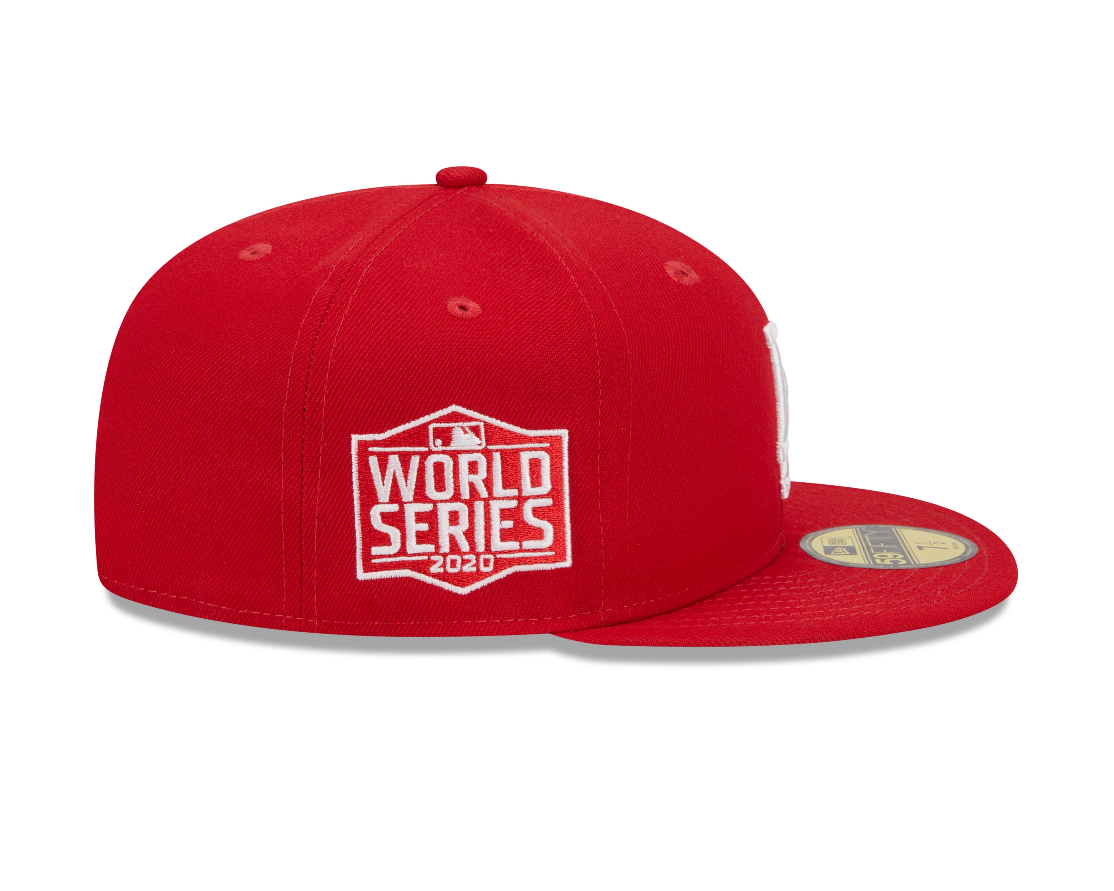 New Era 59FIFTY fitted cap med Los Angeles Dodgers logo, scarlet farve og sportsligt design, set fra højre side.