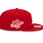 New Era 59FIFTY fitted cap med Oakland Athletics logo og WS 1989 design i skarlagen farve, set fra højre side.