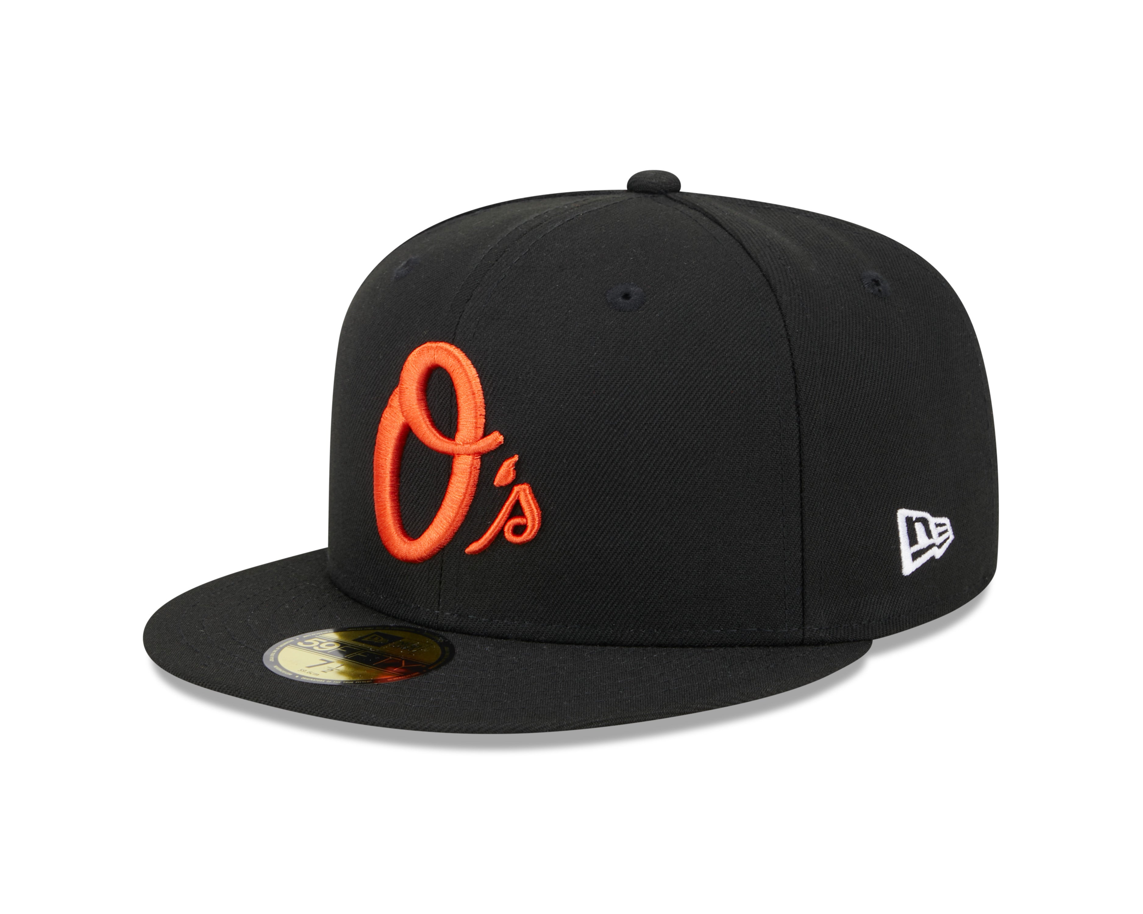 Sort New Era 59FIFTY fitted cap med Baltimore Orioles logo og 1993-tekst, foran visende cap med flat brem, detaljer.
