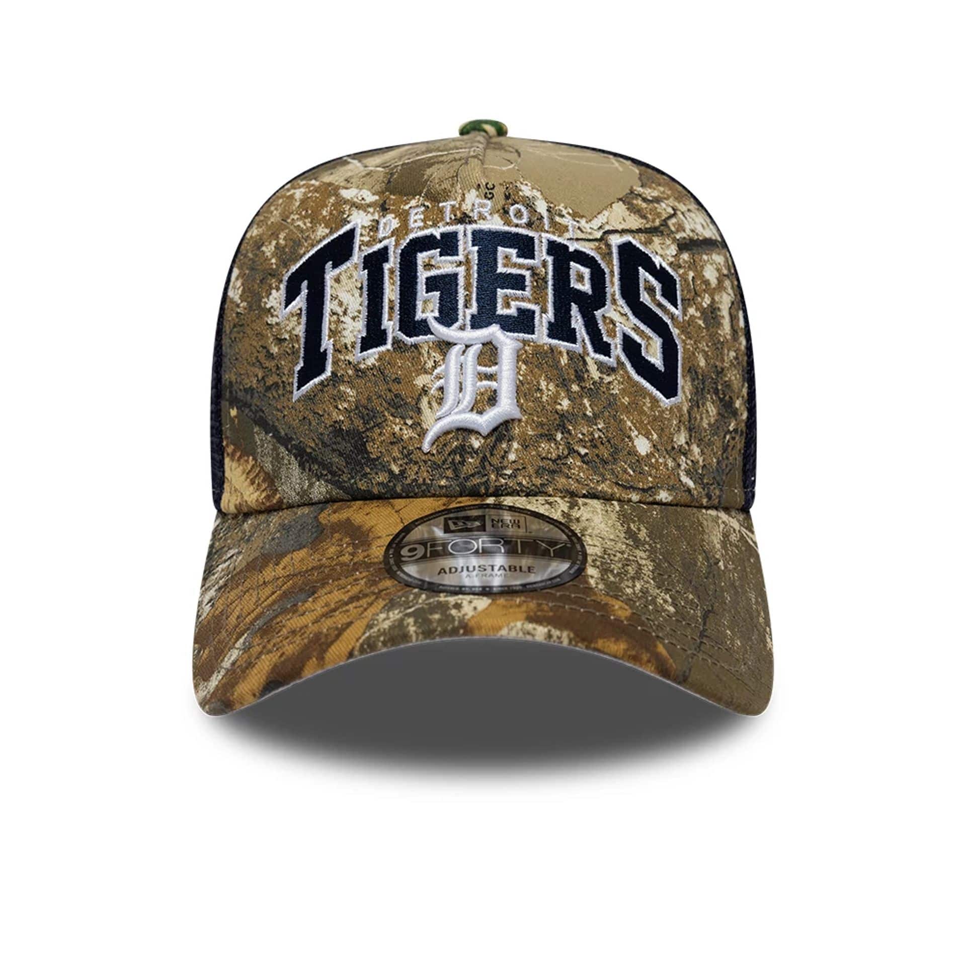 Sort New Era 9FORTY A-Frame Detroit Tigers kasket med Real Tree camo-mønster foran og logo.
