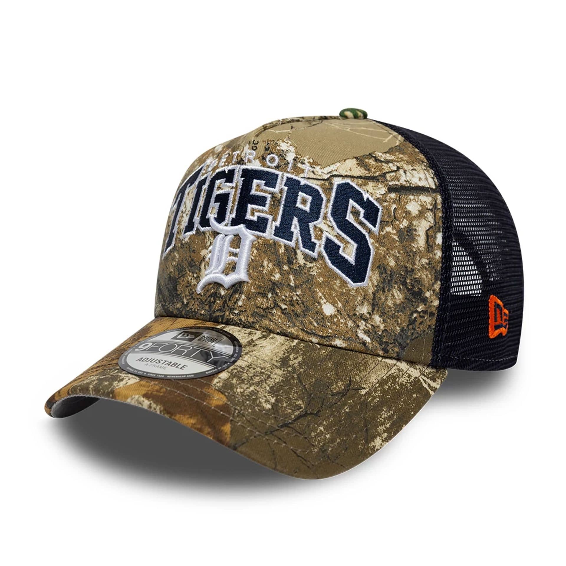 New Era Detroit Tigers 9FORTY A-Frame cap med Realtree camo mønster, justerbar sportshat for fans.