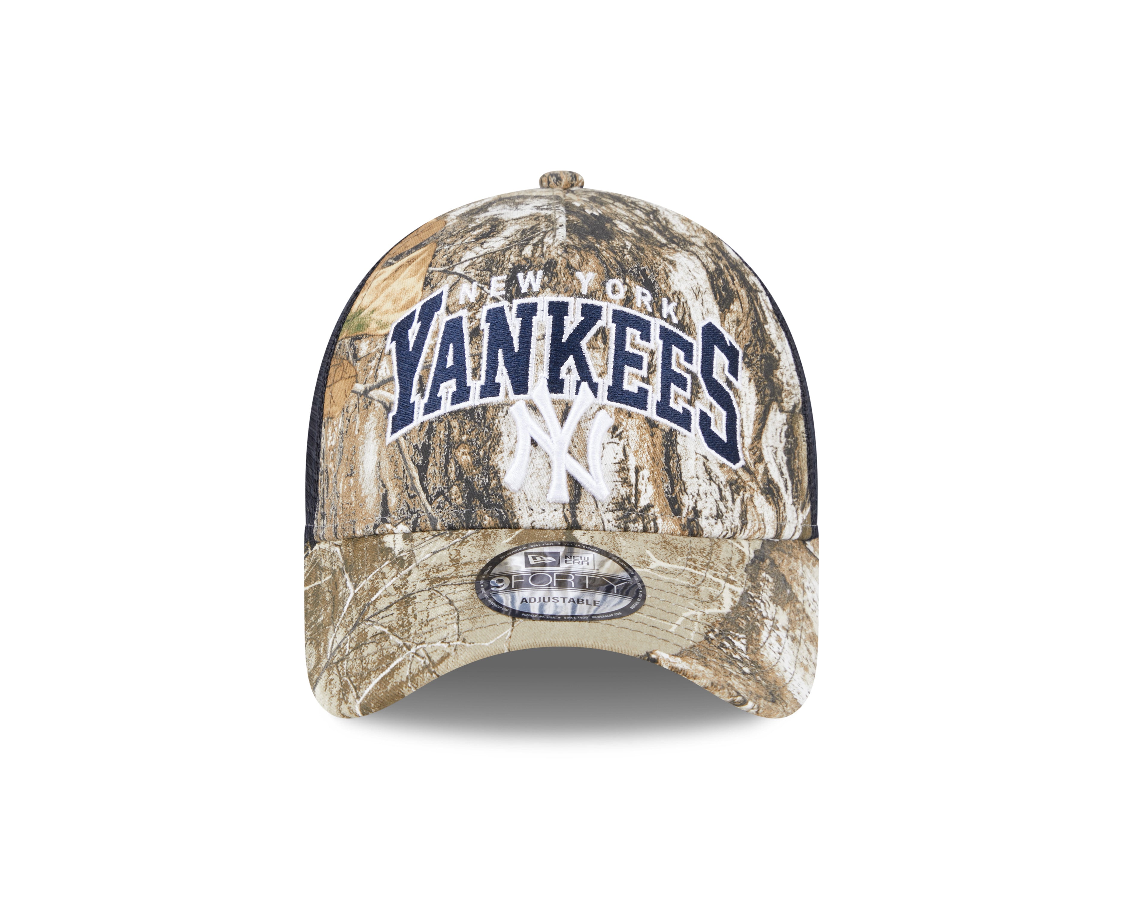New Era 9FORTY A-Frame trucker hat med Yankees og Real Tree camo mønster, justerbar snapback cap.