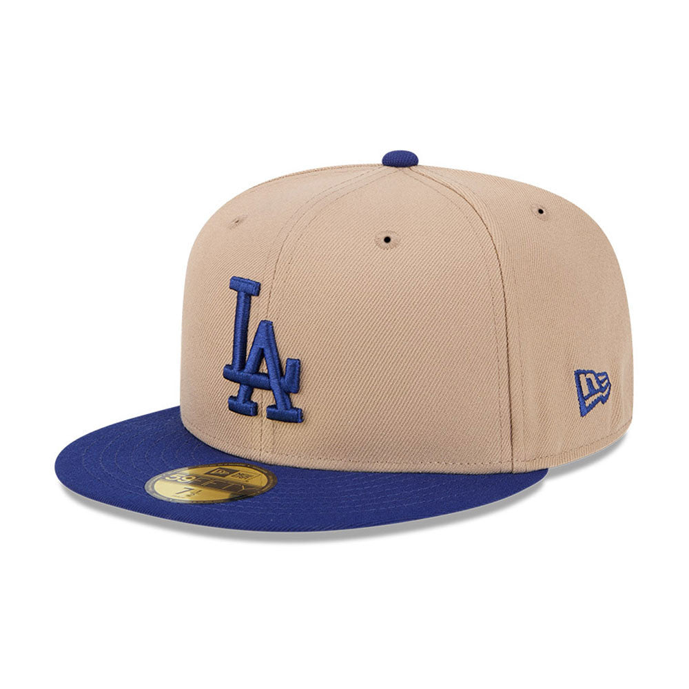 New Era 59FIFTY Fitted Cap med Los Angeles Dodgers logo i camel og blå farver, sports- og baseballstil, foran billede.