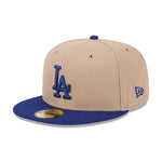 New Era 59FIFTY Fitted Cap med Los Angeles Dodgers logo i camel og blå farver, sports- og baseballstil, foran billede.