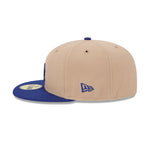 New Era 59FIFTY Fitted Cap med Los Angeles Dodgers logo i camel og blå farver, komfortabel og stilfuld baseballkasket.