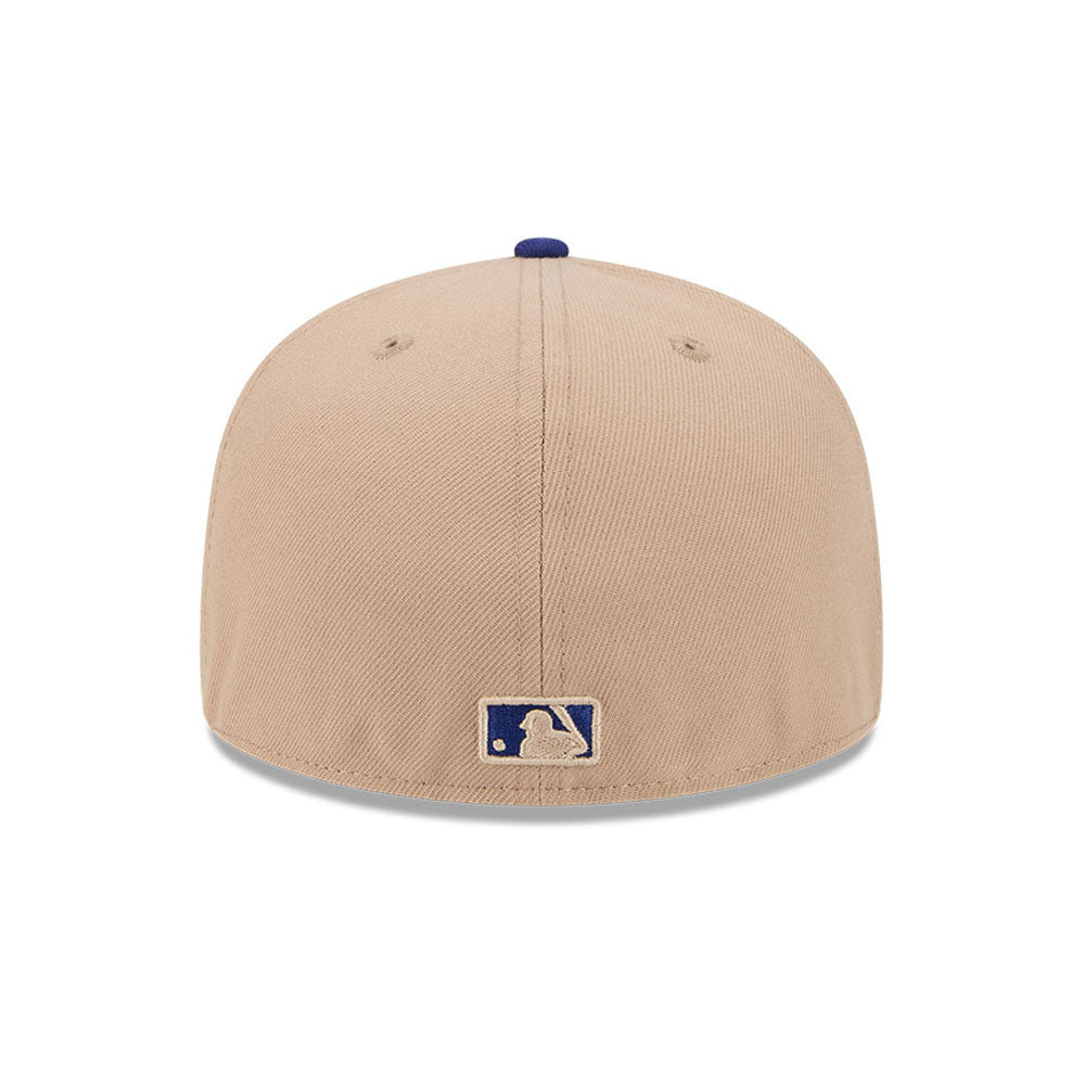 New Era 59FIFTY fitted cap med Los Angeles Dodgers logo i camel og blå farver, casual sportsstil.