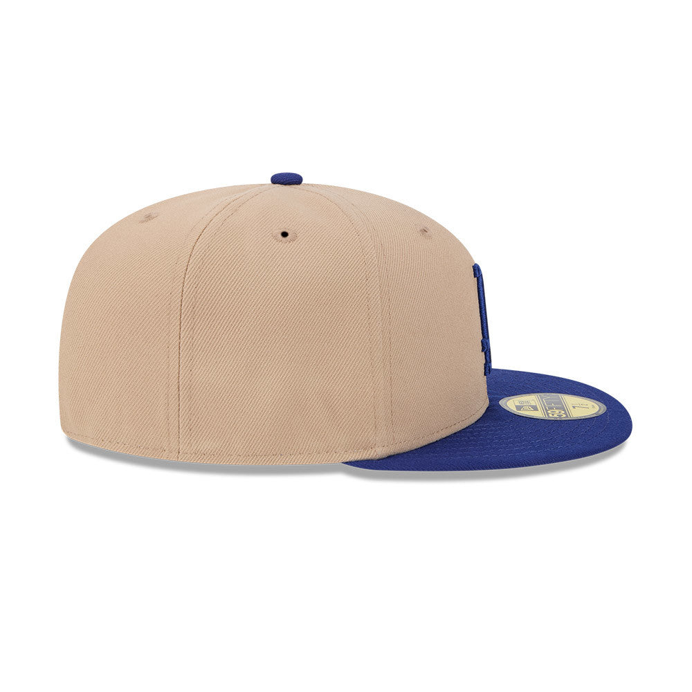 New Era 59FIFTY fitted cap med Los Angeles Dodgers logo i camel og blå farver, blødt materiale og klassisk pasform