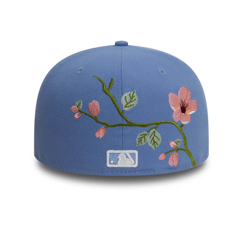 Lyseblå New Era 59FIFTY fitted kasket med floralbroderi og Los Angeles Dodgers logo.