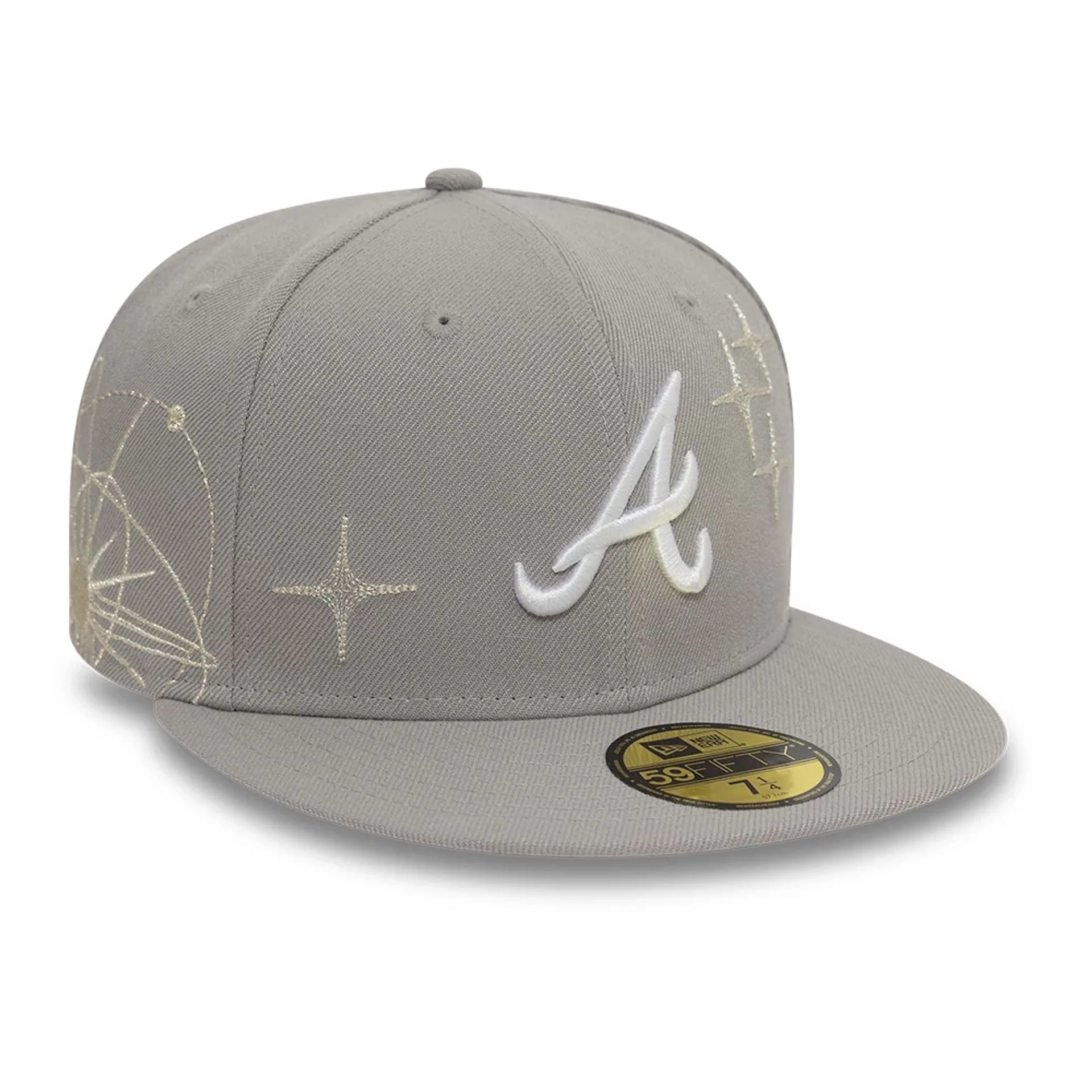 Grå New Era 59FIFTY fitted kasket med Atlanta Braves logo og zodiac-design, perfekt til sport- og baseballfans.