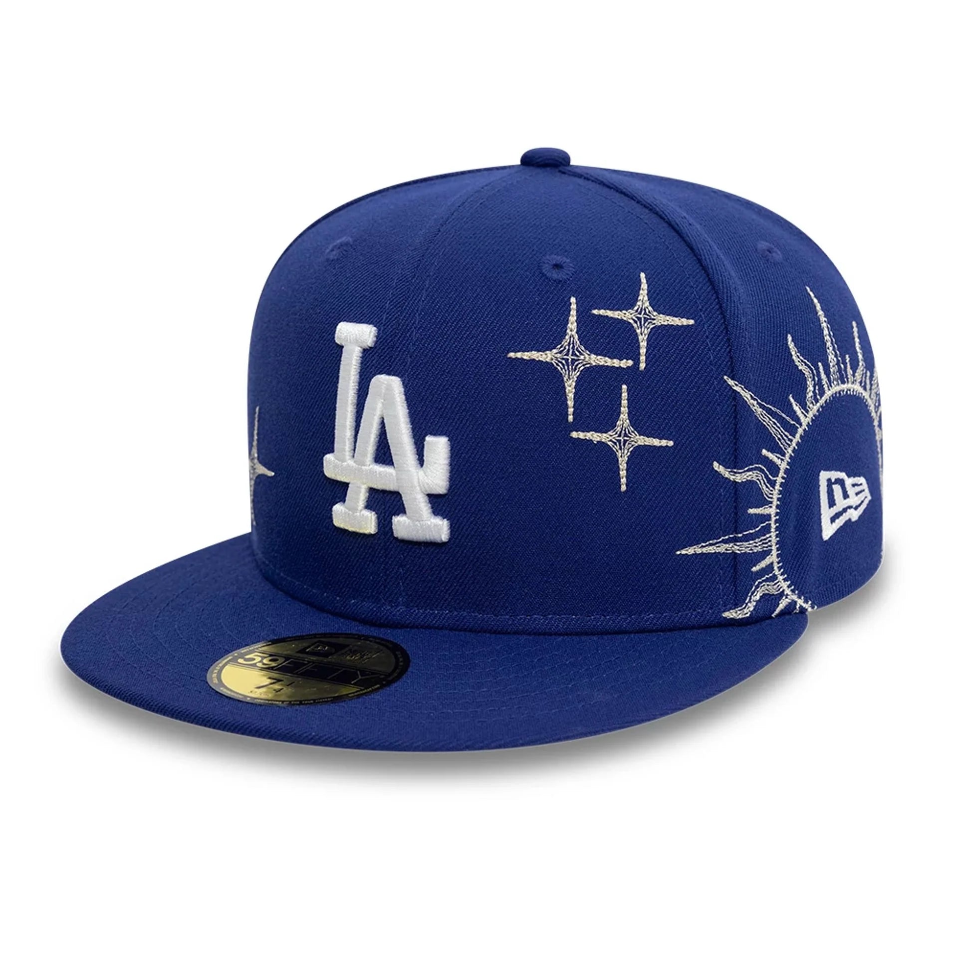 Blå New Era 59FIFTY fitted cap med Los Angeles Dodgers logo og Zodiac-design, vises fra forsiden.