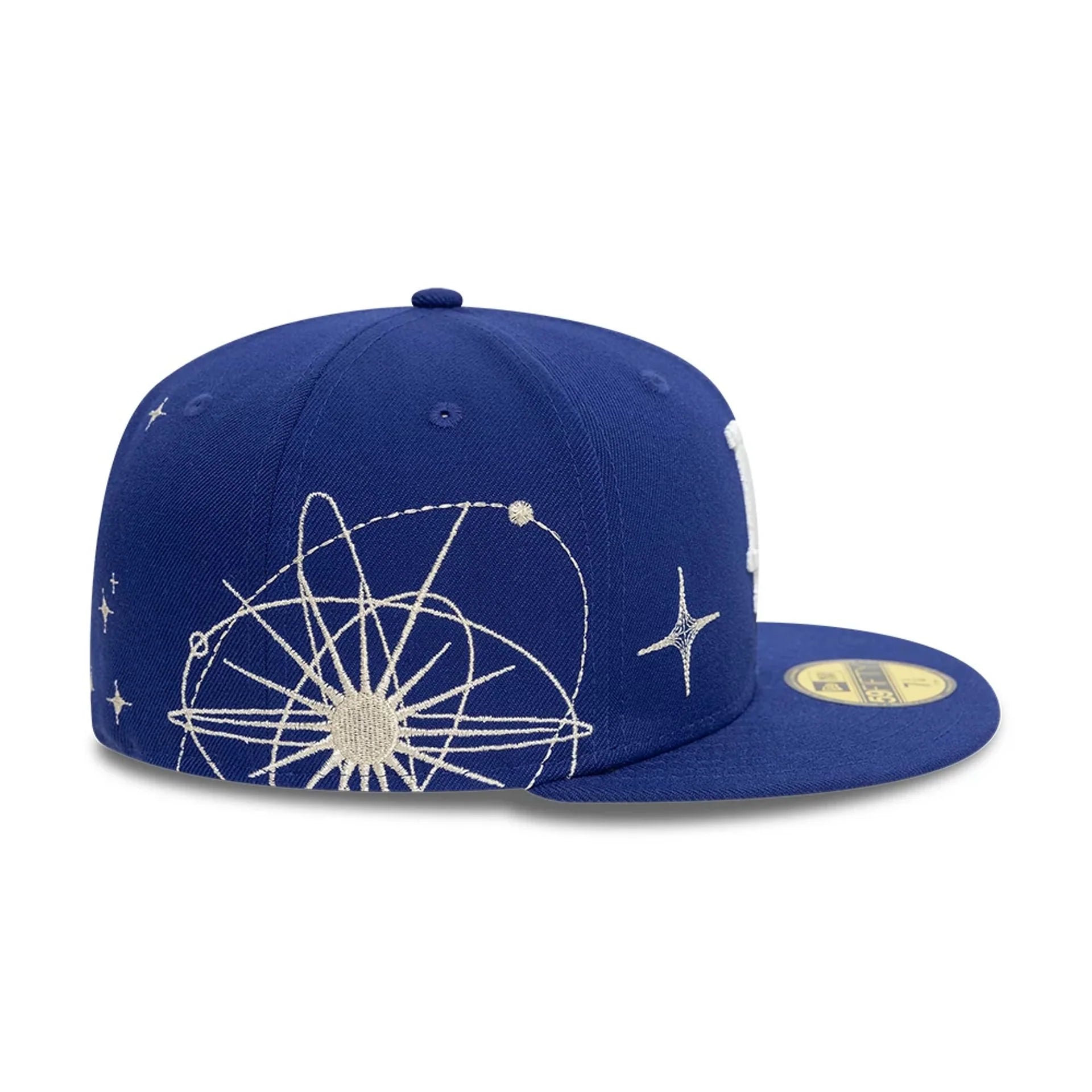 New Era 59FIFTY fitted kasket med Los Angeles Dodgers logo i blåt, Zodiac-design og flat skygge.