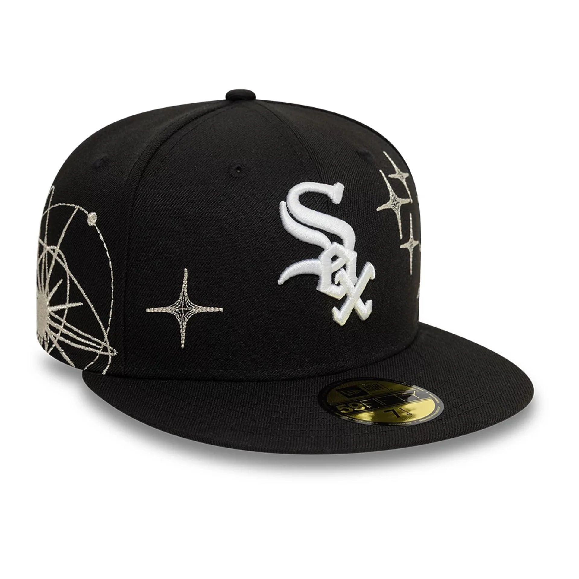 Sort New Era 59FIFTY fitted cap med Chicago White Sox logo og Zodiac design, blødt stof og justerbar pasform.