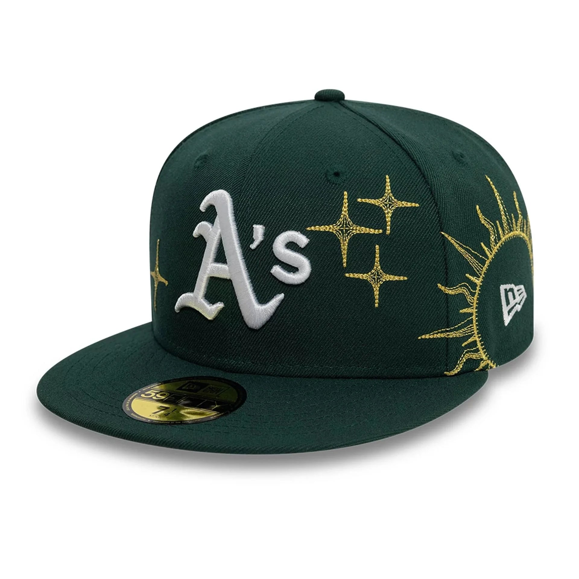 New Era 59FIFTY fitted cap med Oakland Athletics logo i mørkegrøn, zodiak-design og klassisk sportsstil.