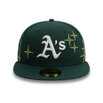 Sort grøn New Era 59FIFTY fitted cap med Oakland Athletics logo og ZODIAC-design, afslappet sportsstil.