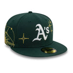 New Era 59FIFTY Oakland Athletics fitted cap i mørkegrøn med ZODIAC-design, struktureret baseballkasket, frontpanel og flad bremse