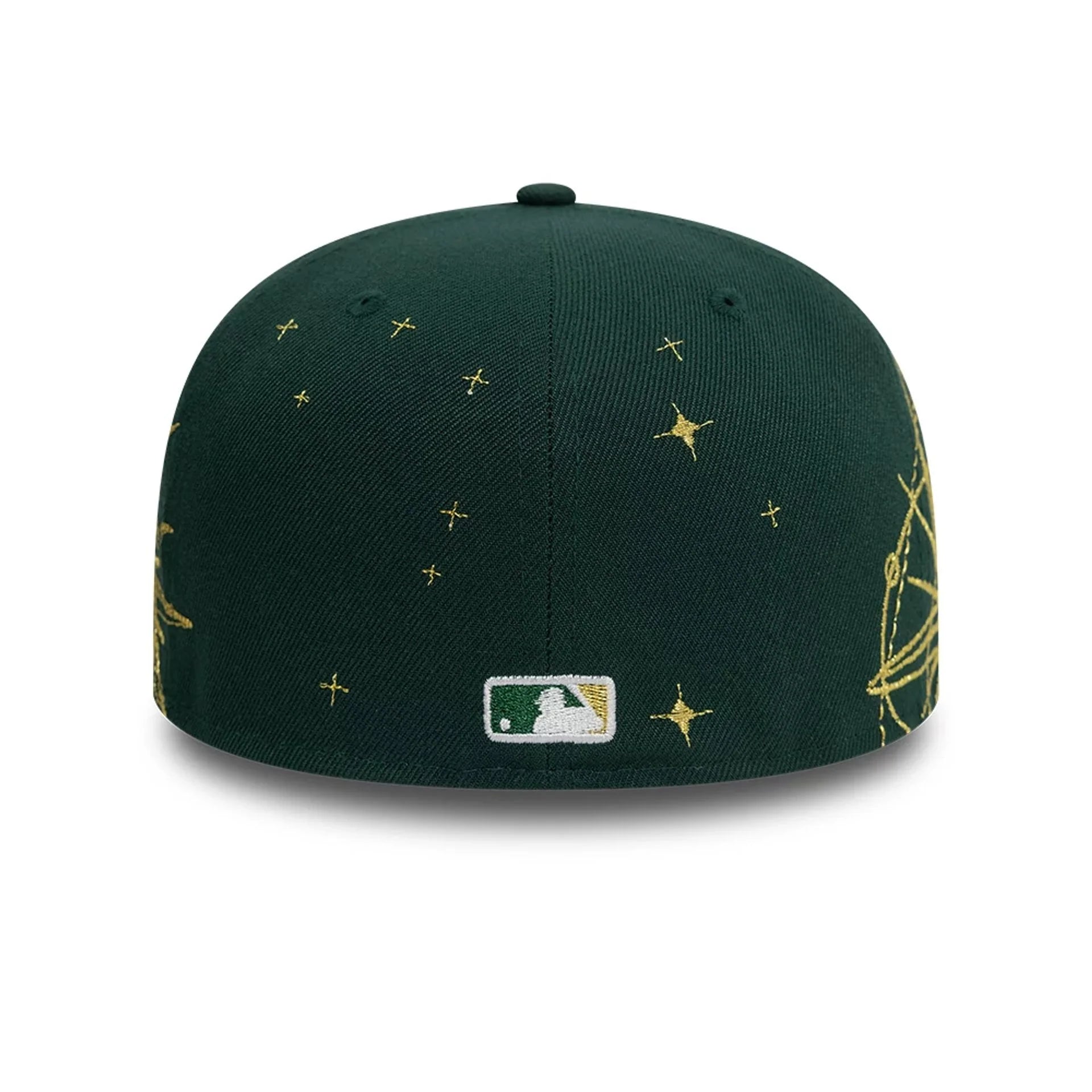 New Era 59FIFTY fitted cap med Oakland Athletics logo i mørkegrøn, Zodiac-design, klassisk baseballkasket.