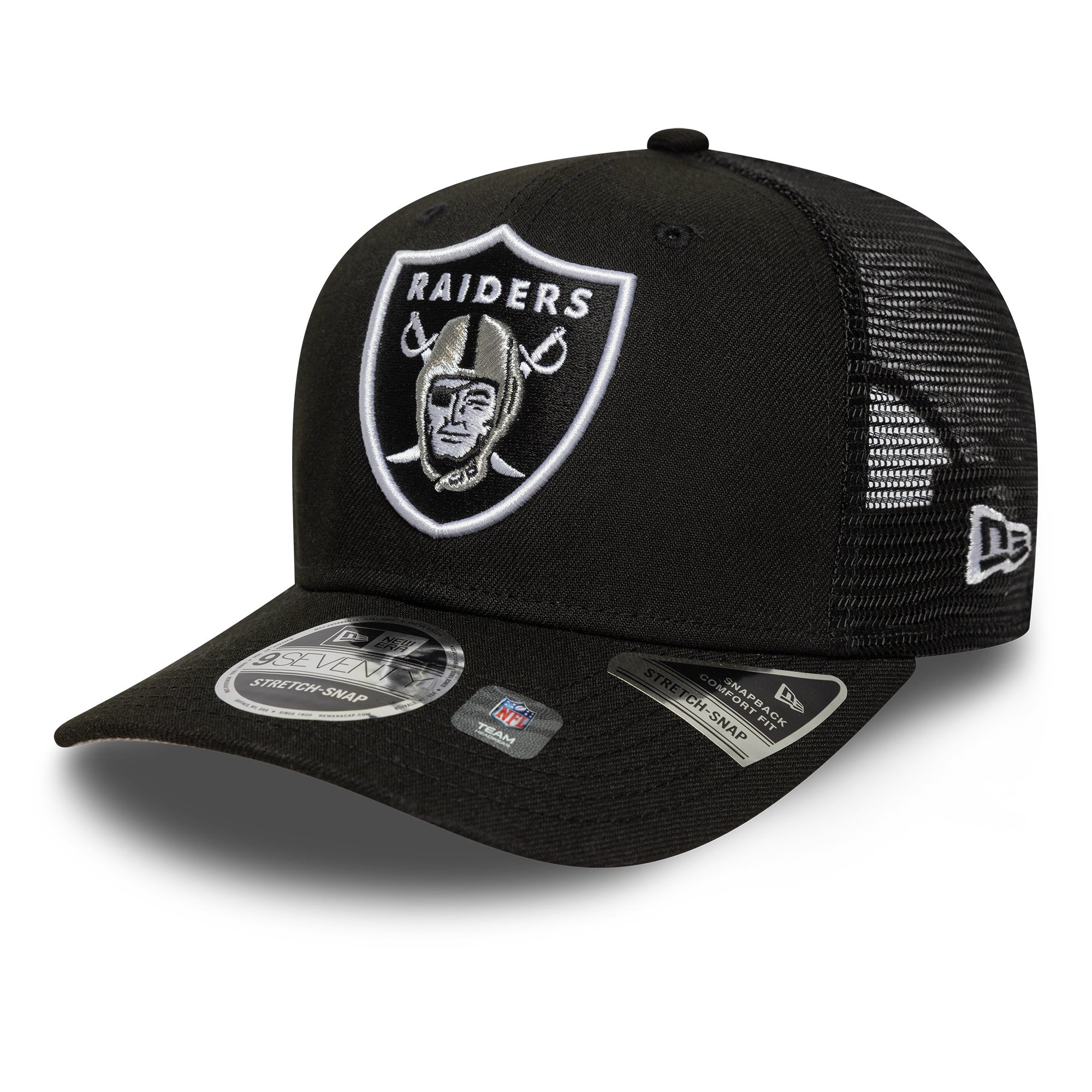 Sort New Era 9SEVENTY Stretch Snapback med Las Vegas Raiders logo, justeret pasform og klassisk stil, vises på billedet.