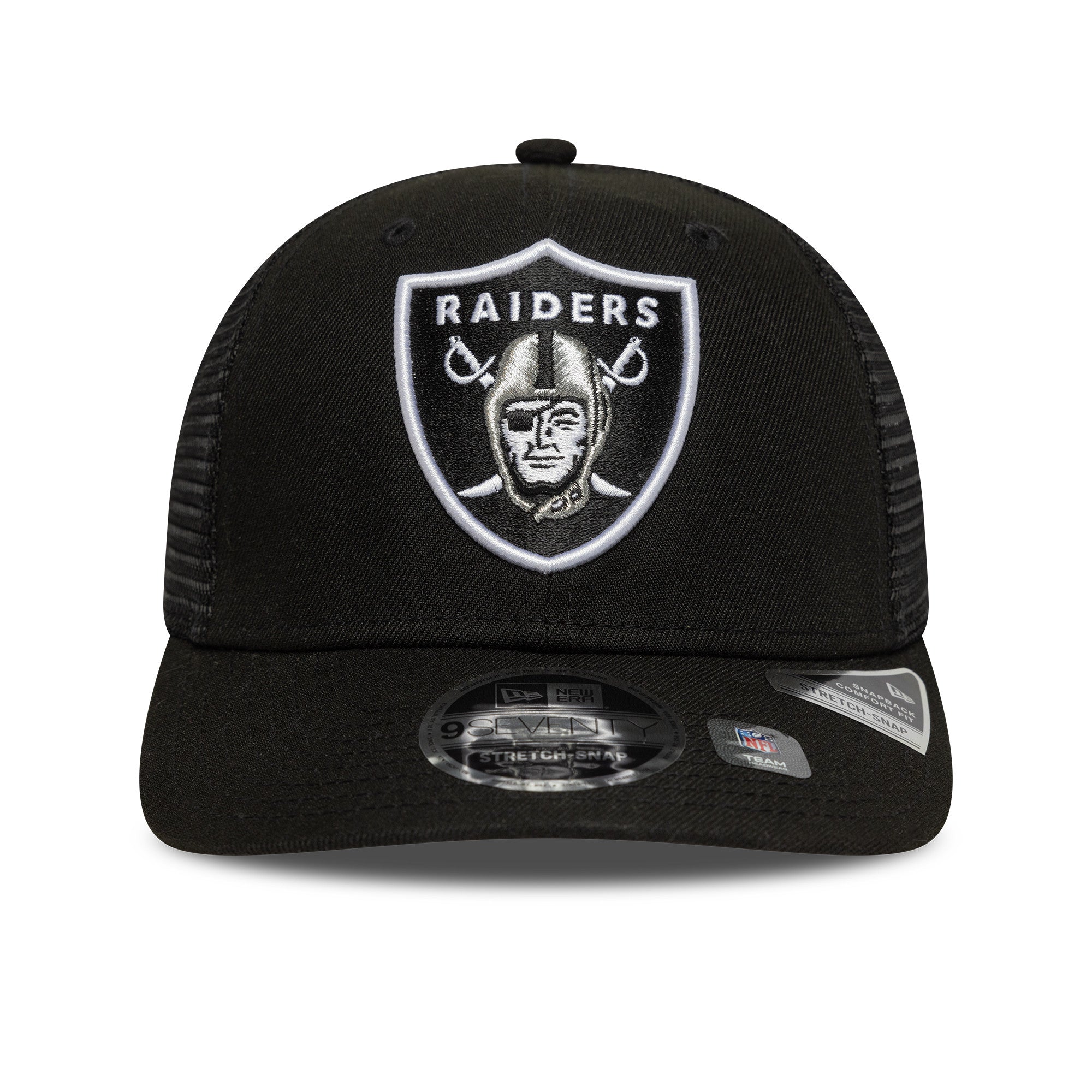 Sort New Era 9SEVENTY Stretch Snapback cap med Las Vegas Raiders logo, justeret pasform og snaplukning.