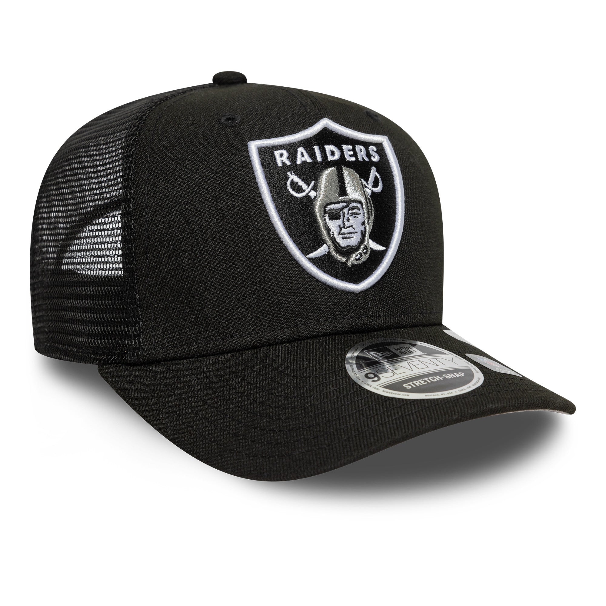 Sort New Era 9SEVENTY Stretch Snapback kasket med Las Vegas Raiders logo, afslappet og sporty design.