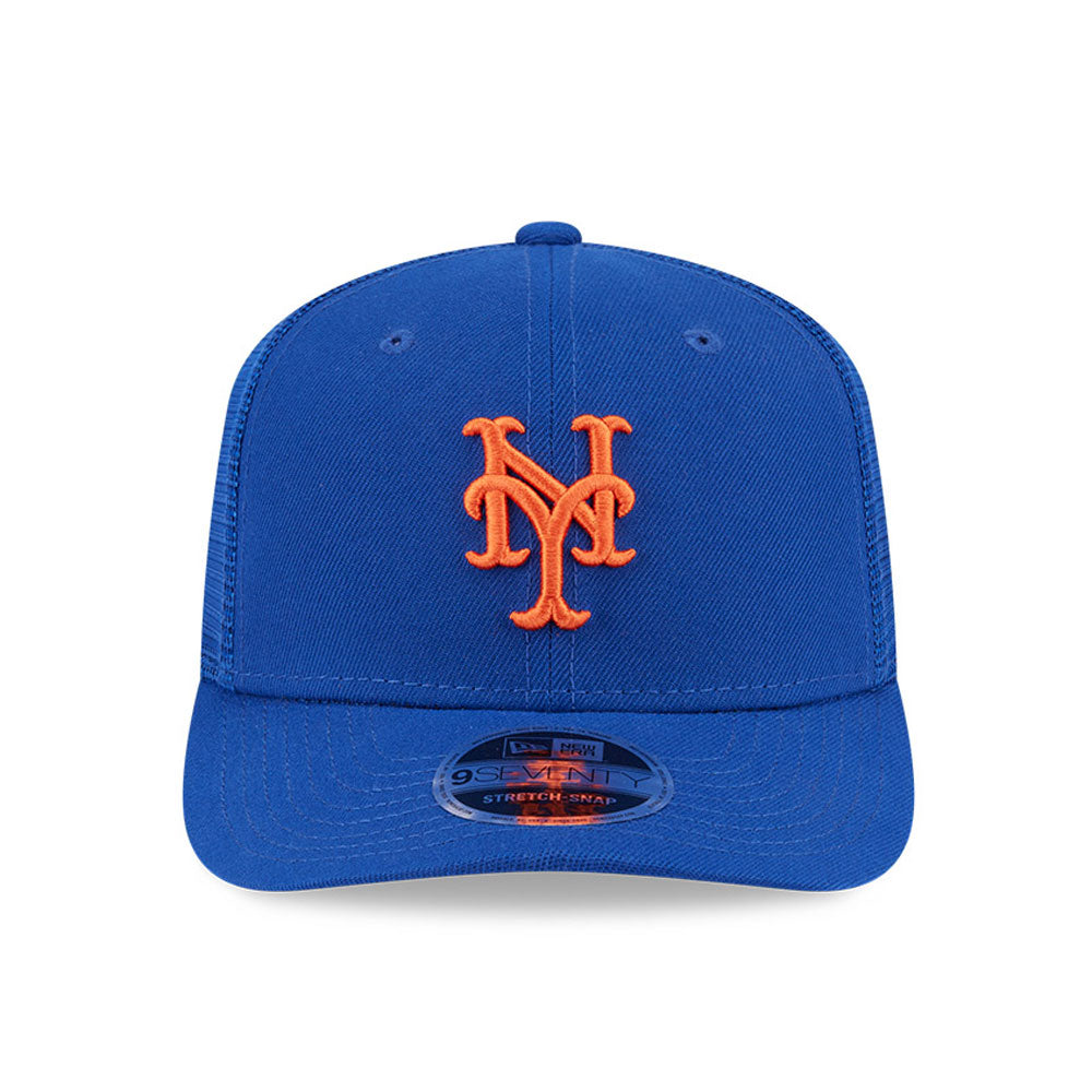 New Era 9SEVENTY stretch mesh snapback cap med New York Mets logo, sort og grå mesh material, flat visning.