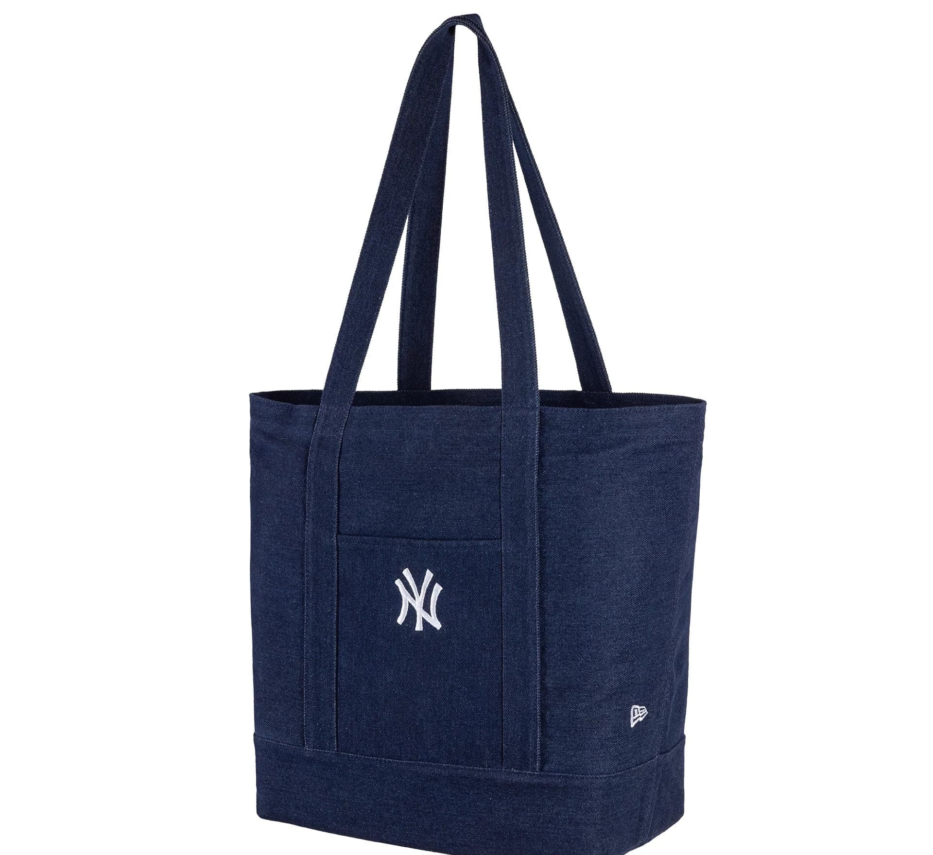 Navy New Era Denim tote bag med New York Yankees logo, stor og rummelig taske med komfortable håndtag.