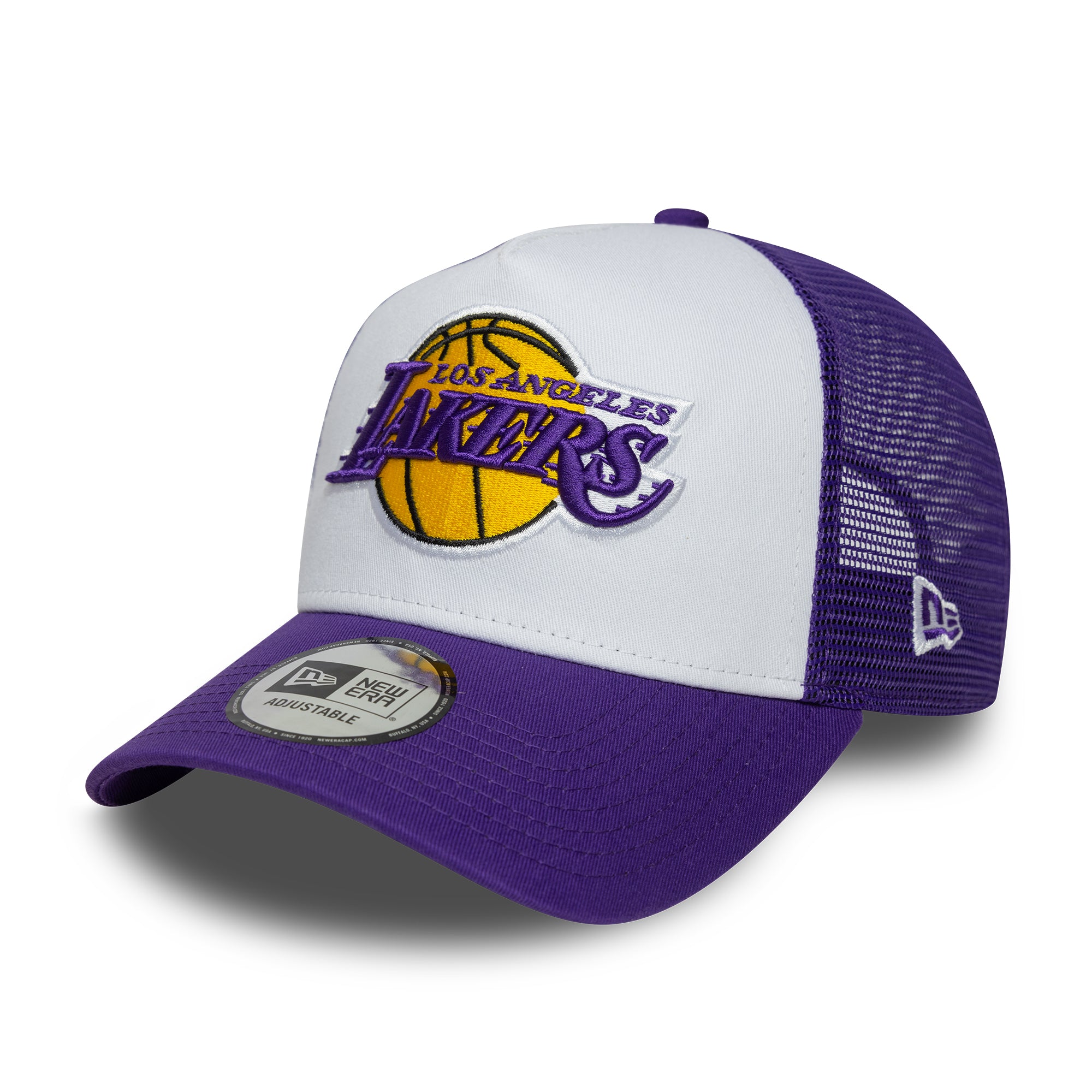 New Era NBA side patch trucker cap med Los Angeles Lakers logo i lilla farve, justerbart snapback-hat for fans