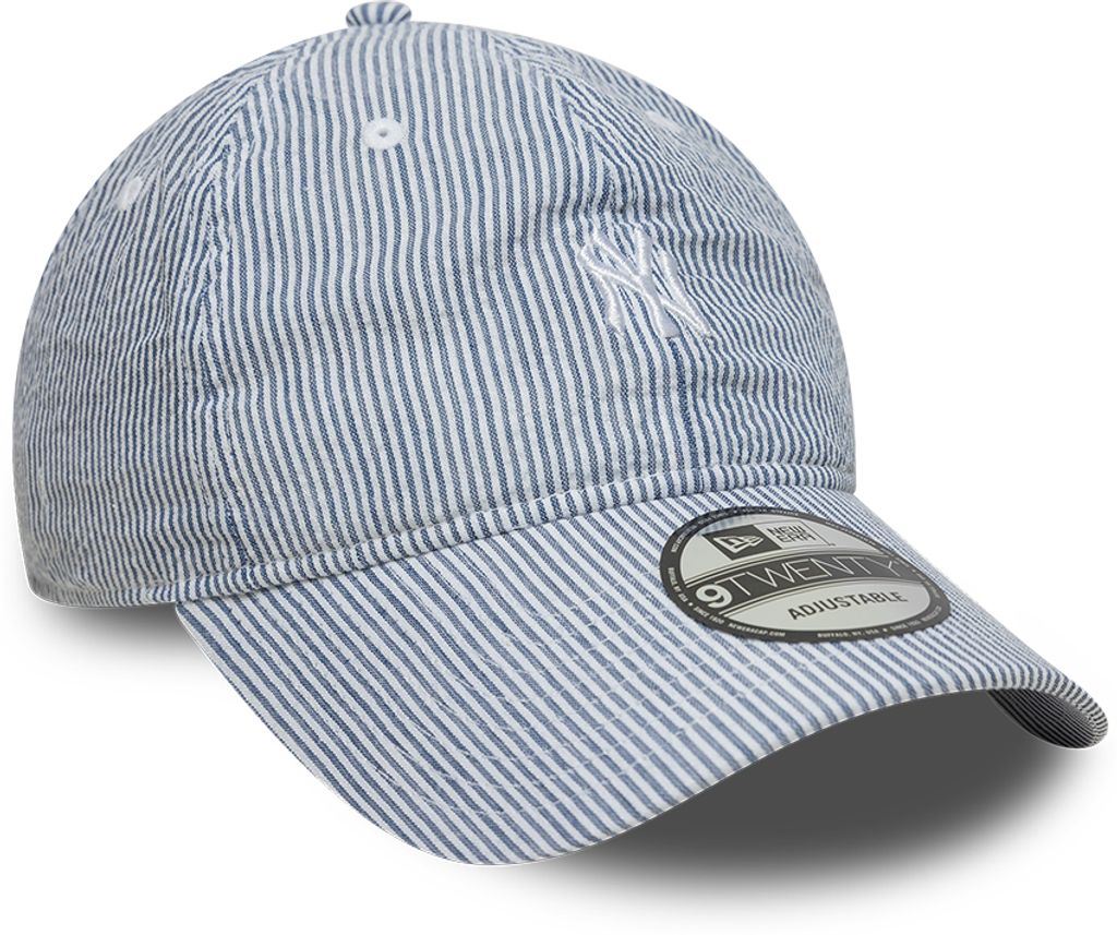 New Era Yankees 9TWENTY cap i navy og hvid seersucker med justerbar rem og logo foran, afslappet sportstil