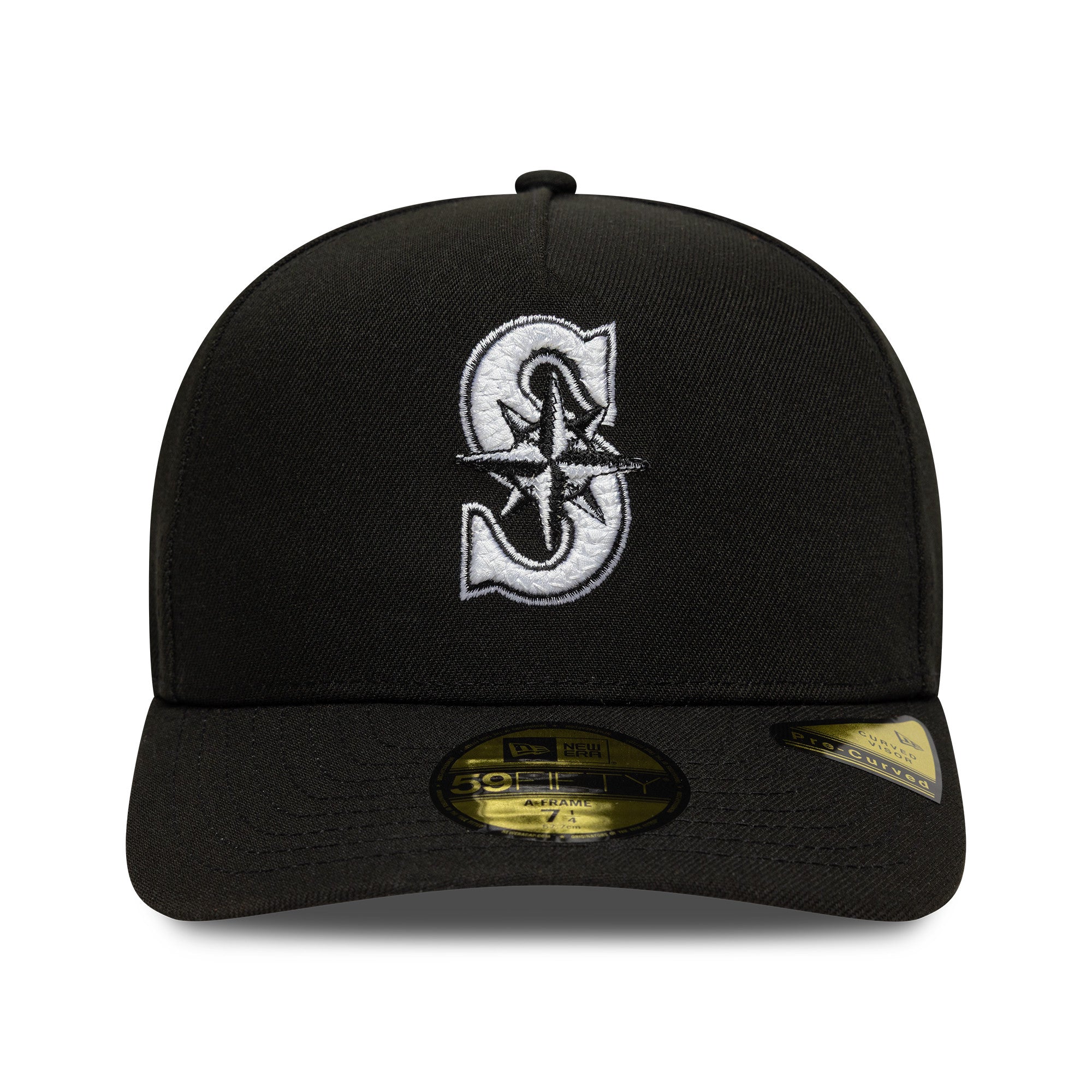 New Era - 59FIFTY Fitted A-Frame Cap - Seattle Mariners - SCRIPT SAFETY PIN - Precurved - Black - Headz Up 