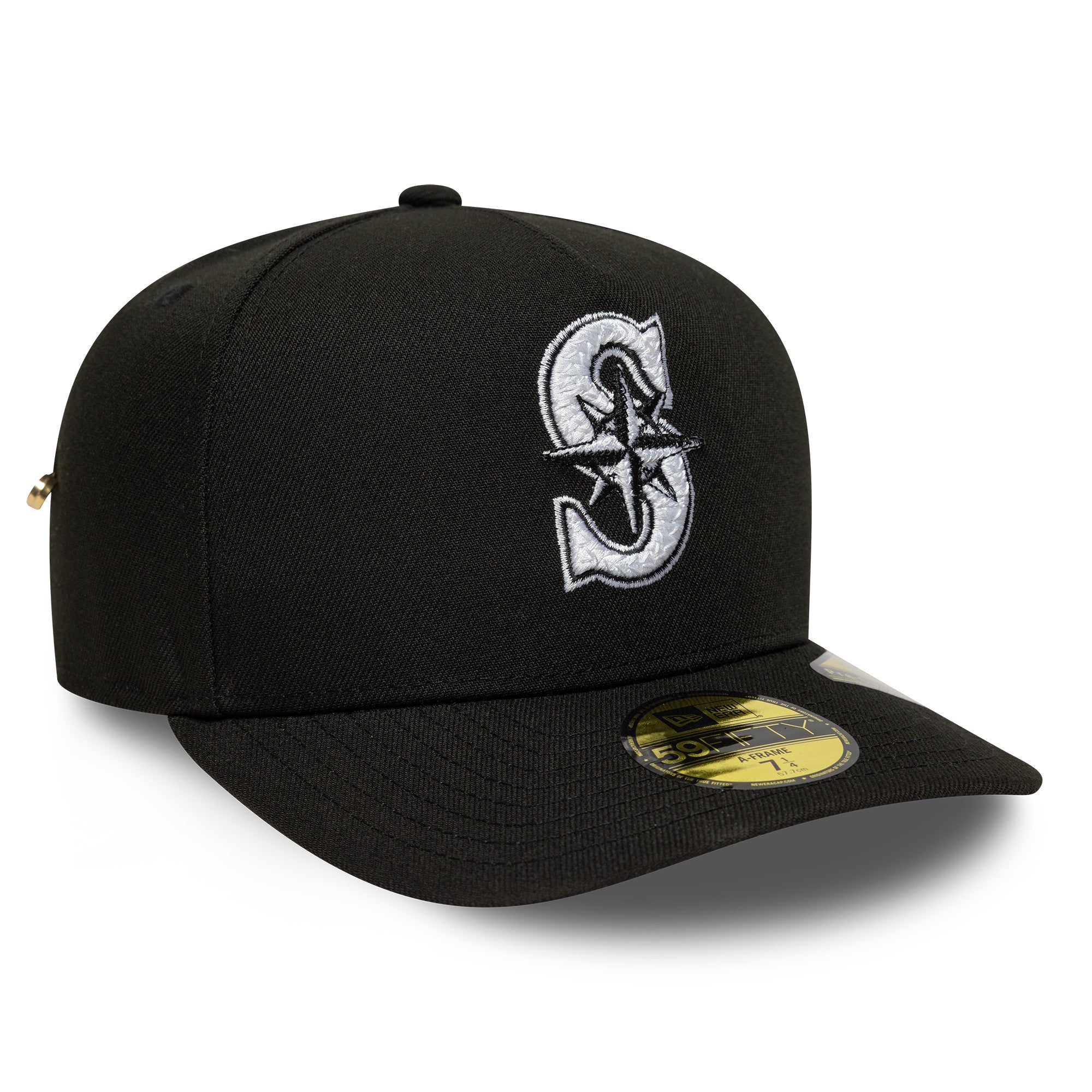 New Era - 59FIFTY Fitted A-Frame Cap - Seattle Mariners - SCRIPT SAFETY PIN - Precurved - Black - Headz Up 