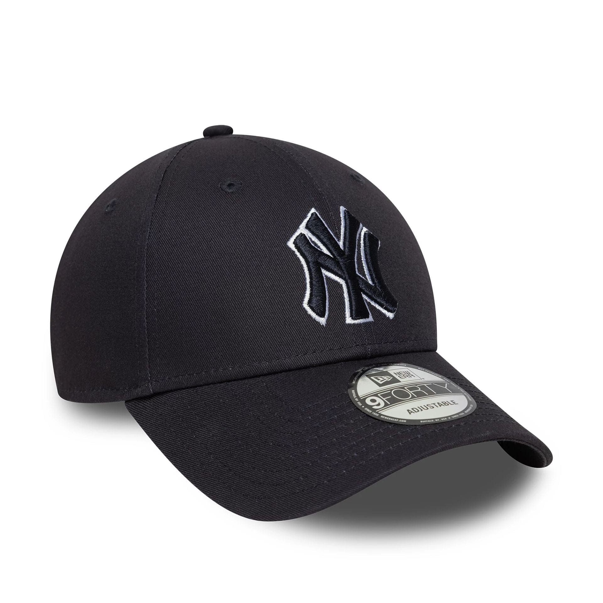 Navy New Era 9FORTY kasket med New York Yankees outline-logo, justeret foran, med justerbar rem og flat top.