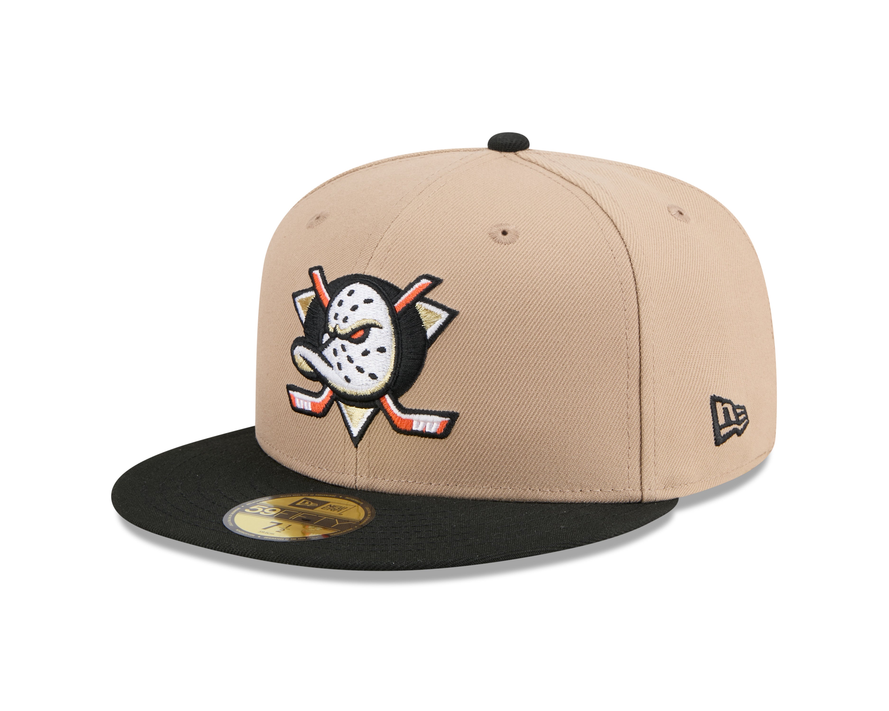 New Era 59FIFTY fitted cap med Anaheim Ducks logo i camel og sort farve, stilfuld sportskasket til fans.