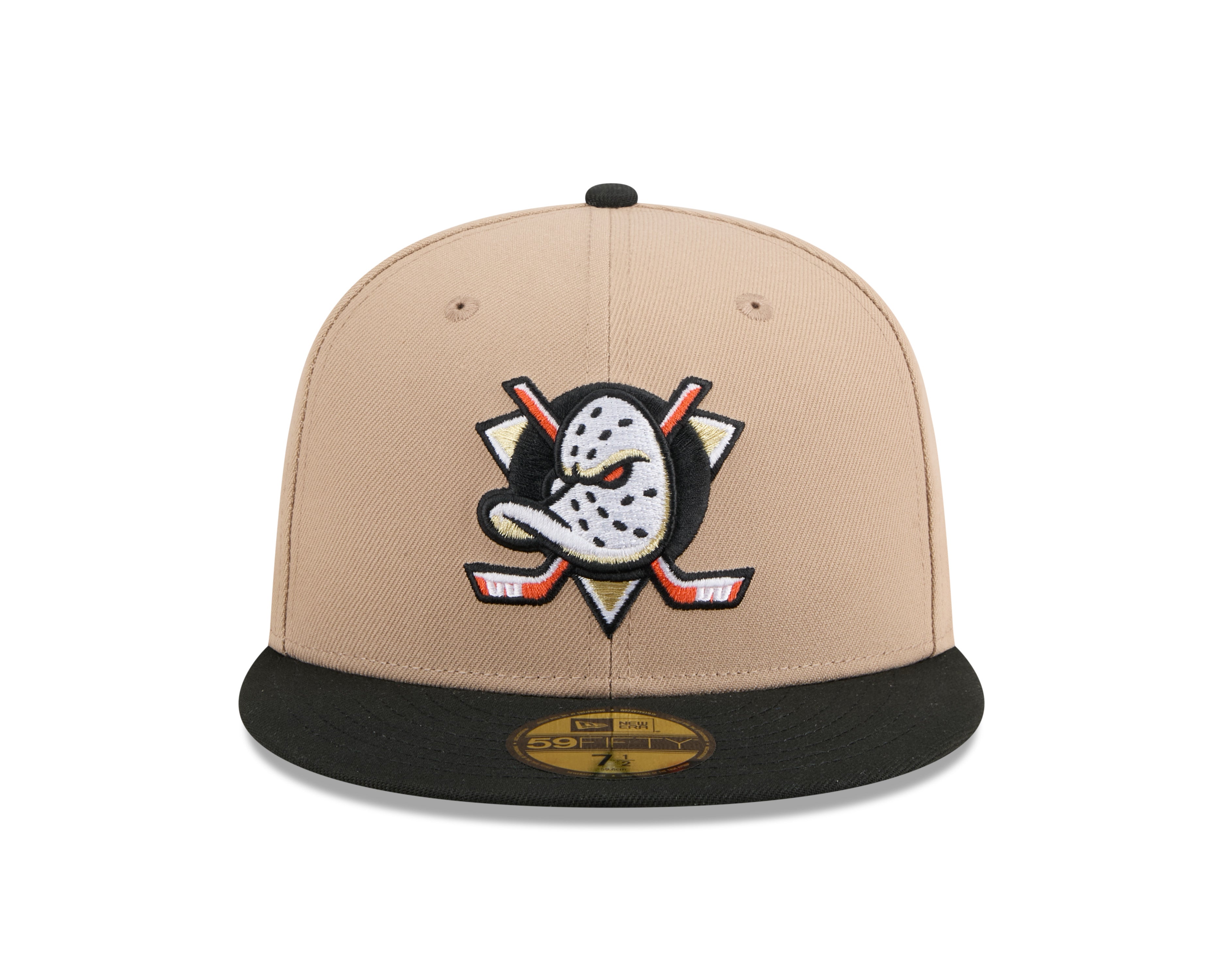 New Era 59FIFTY fitted cap med Anaheim Ducks logo i kamel og sort farver, sporty og stilfuld hovedbeklædning